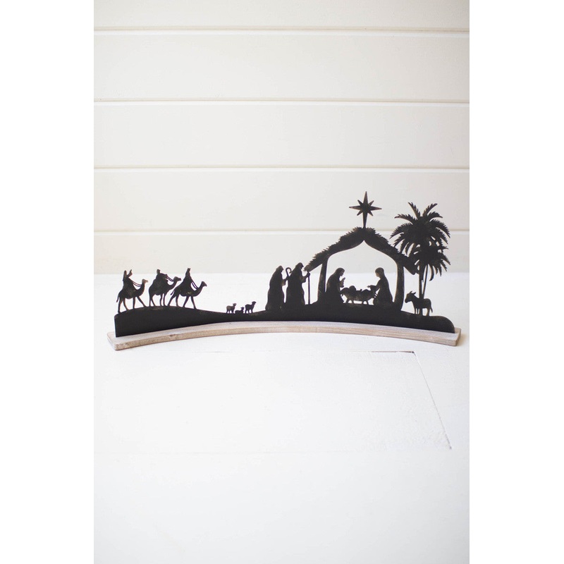 Black Metal Nativity On A Curved White Wood Base (Min 2) By Kalalou