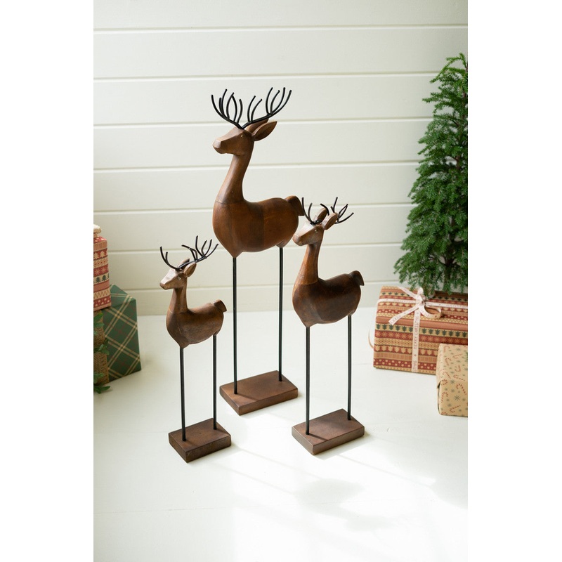 Carved Wood And Iron Reindeer On Bases Set Of 3 By Kalalou