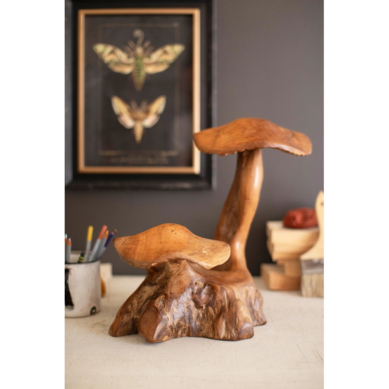 Double Teak Mushroom Sculpture By Kalalou