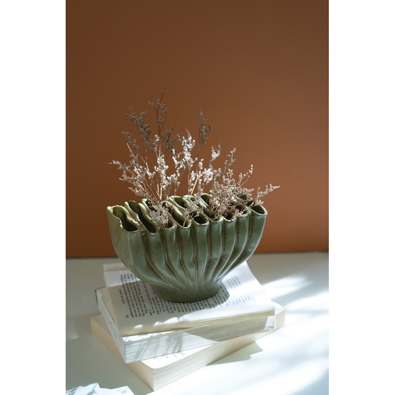 Green Ceramic Folds Vase (Min 2) By Kalalou