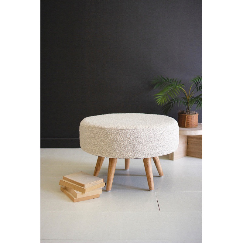 Large Boucle Stool With Wooden Legs - Pearl By Kalalou