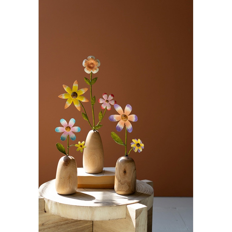 Painted Metal Flowers With Wooden Bases Set Of 3 By Kalalou