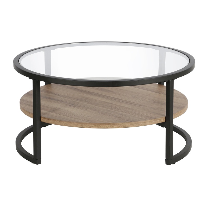 34" Black Brown and Glass Round Coffee Table With Shelf By Homeroots