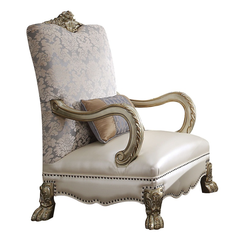 34" Pearl and Gold Faux Leather Damask Arm Chair By Homeroots