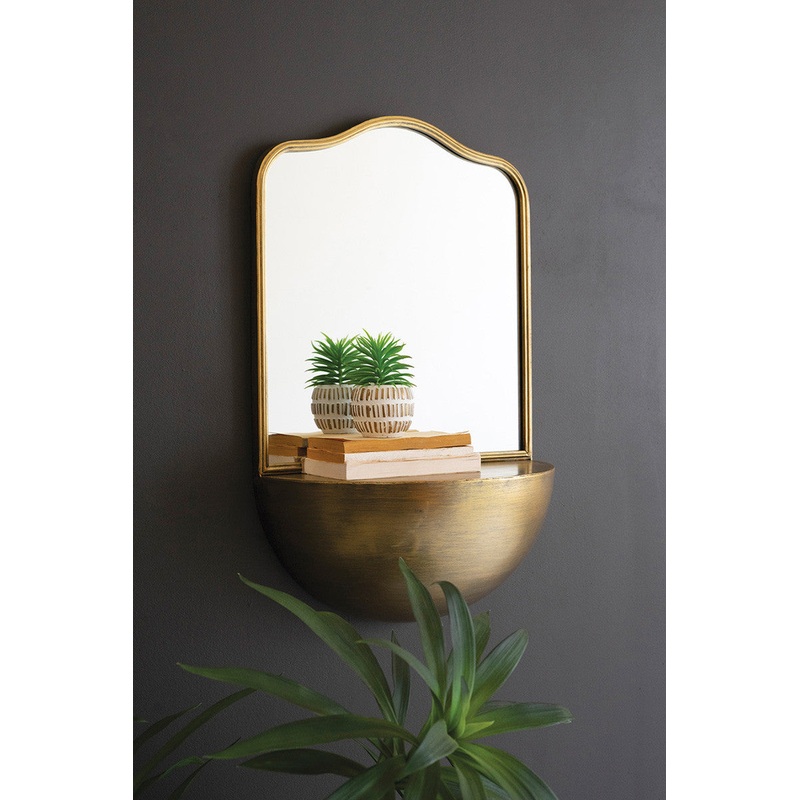 Antique Brass Metal Framed Mirror With Demi-Lune Shelf By Kalalou