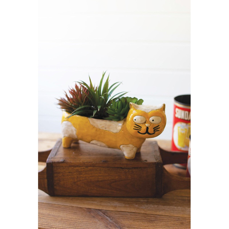Ceramic Yellow And White Cat Planter (Min 2) By Kalalou