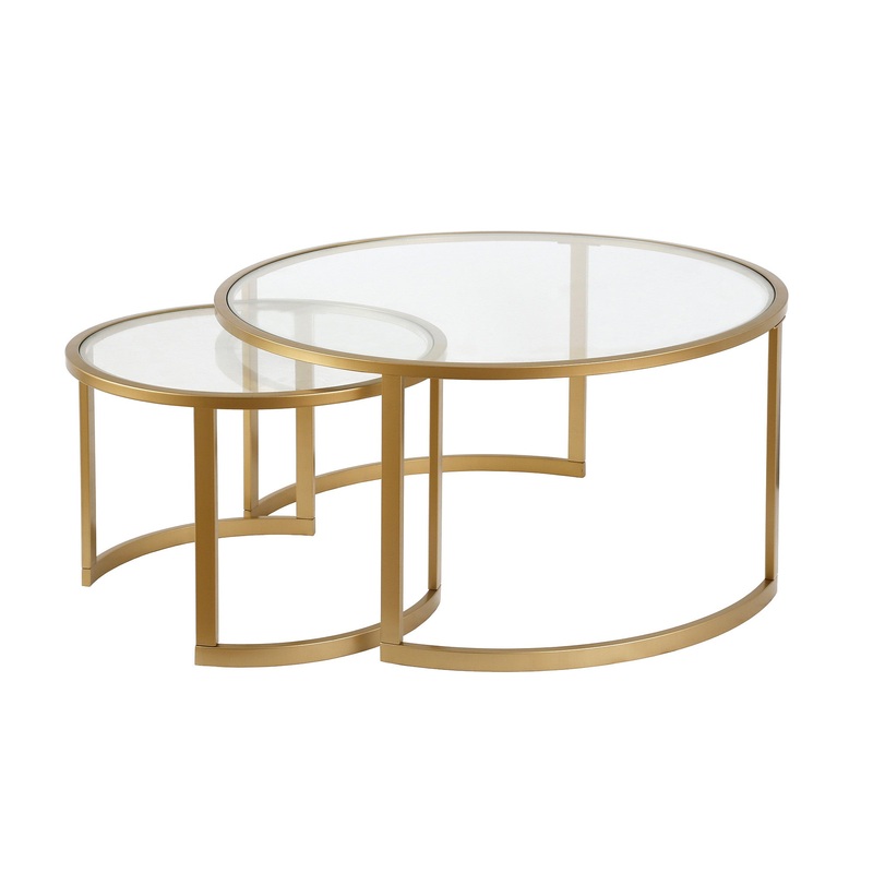 Set Of Two 36" Gold and Glass Round Nested Coffee Tables By Homeroots