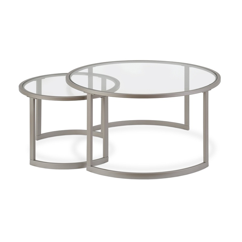 Set Of Two 36" Nickel and Glass Round Nested Coffee Tables By Homeroots