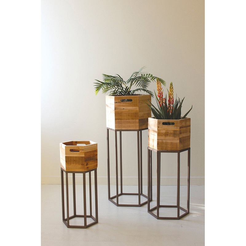 Set Three Hexagon Recycled Wood Planters On Metal Bases By Kalalou