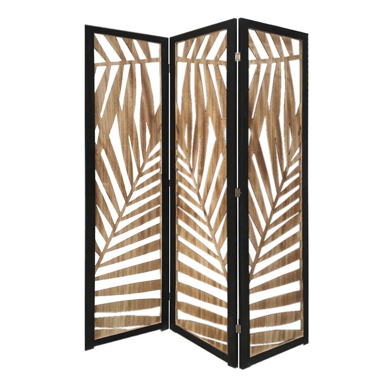 3 Panel Room Divider With Tropical Leaf Design By Homeroots