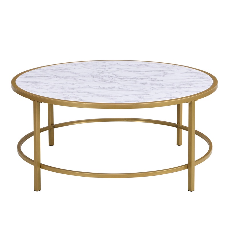 36" White And Gold Faux Marble Round Coffee Table By Homeroots