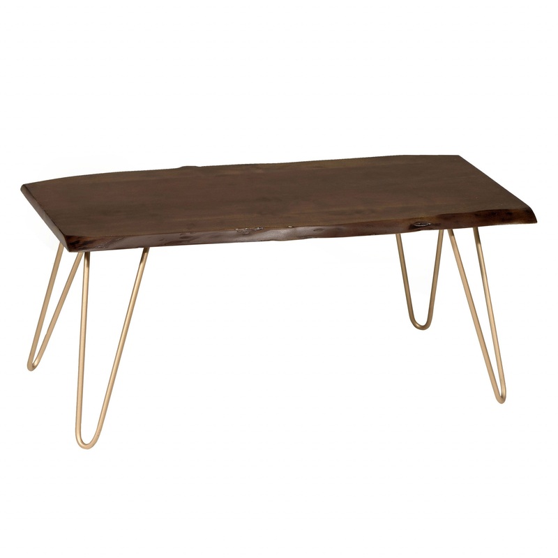 42" Gold And Rustic Brown Solid Wood Live Edge Rectangular Coffee Table By Homeroots