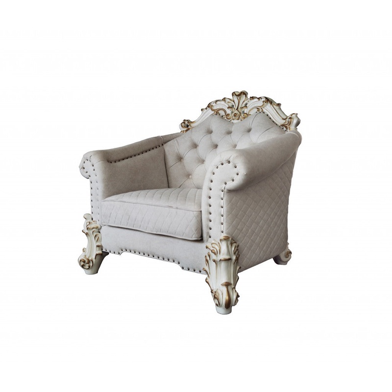 43" Two Tone Ivory Fabric And Antique Pearl Striped Arm Chair By Homeroots