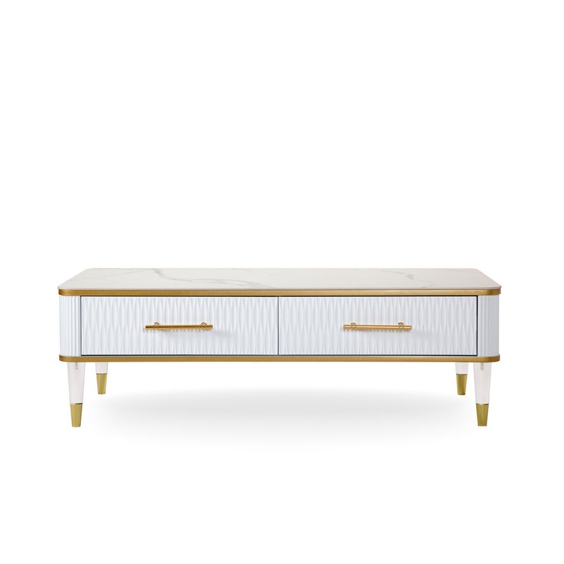47" White Gold and Faux Stone Rectangular Coffee Table With Drawer By Homeroots