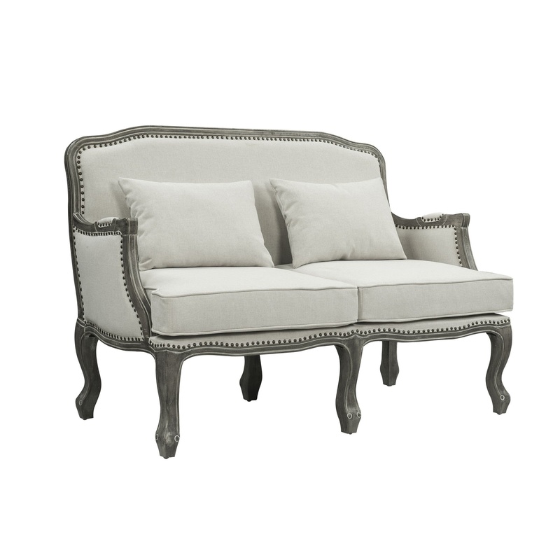56" Cream And Gray Linen Love Seat And Toss Pillows By Homeroots