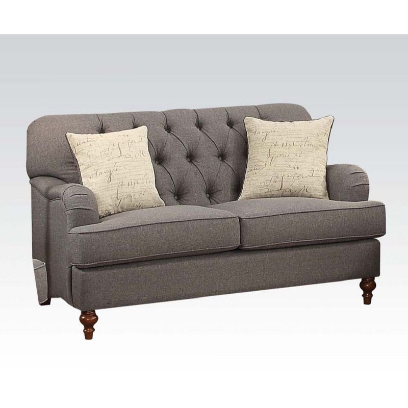 61" Dark Gray And Brown Linen Curved Love Seat And Toss Pillows By Homeroots
