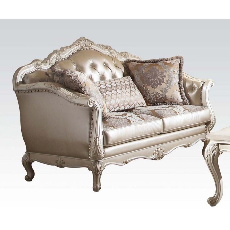 63" Rose Gold And Pearl Faux Leather Curved Love Seat And Toss Pillows By Homeroots