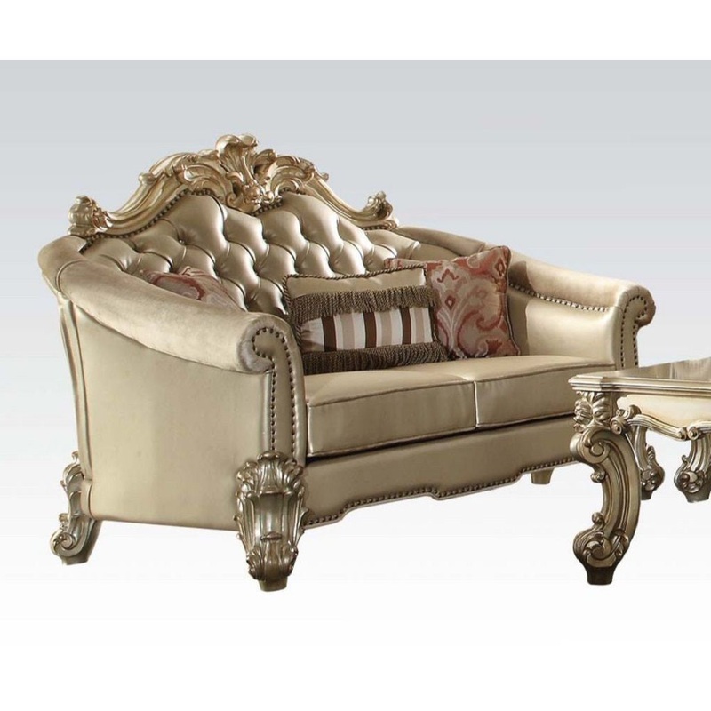 67" Bone And Gold Faux Leather Love Seat And Toss Pillows By Homeroots