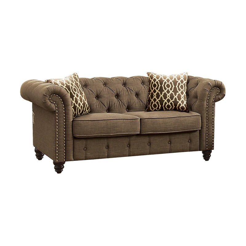 67" Brown 100% Linen And Black Love Seat By Homeroots