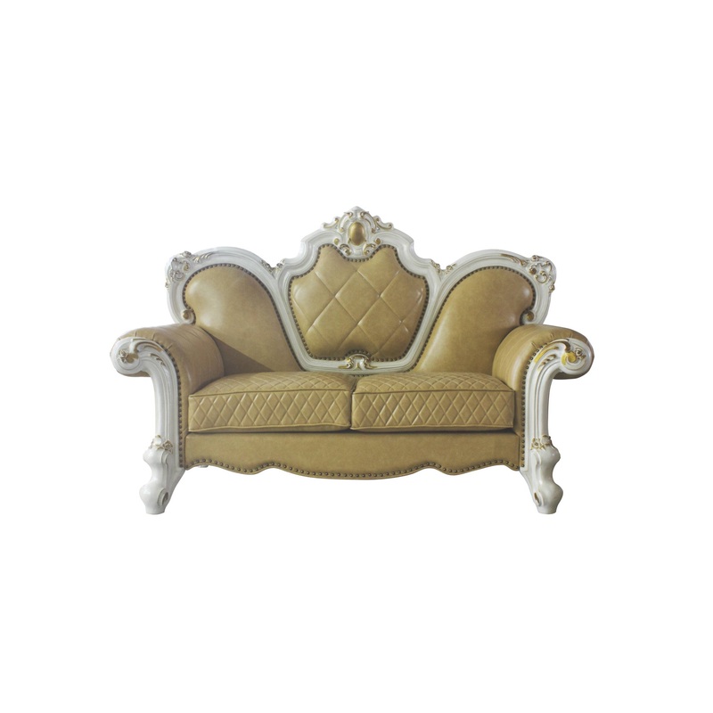 70" Butterscotch And Pearl Faux Leather Love Seat And Toss Pillows By Homeroots