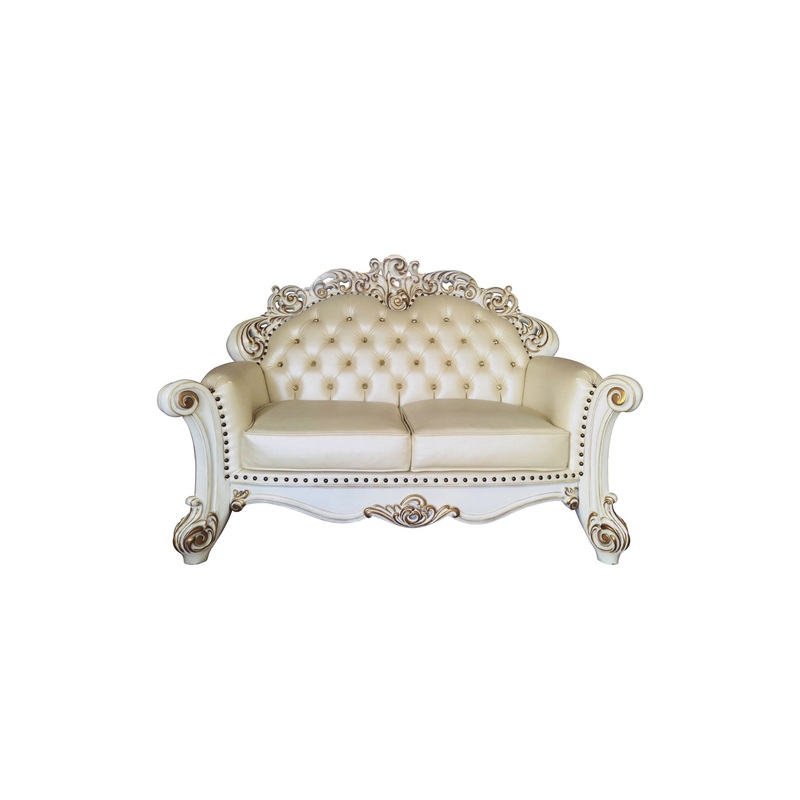 70" Champagne And Pearl Faux Leather Love Seat And Toss Pillows By Homeroots