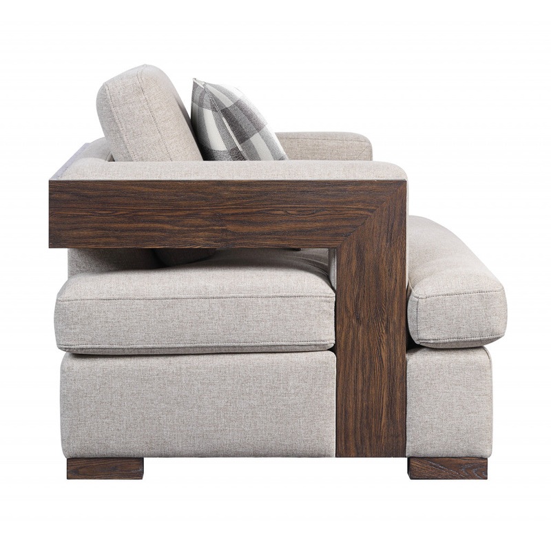 72" Beige 100% Linen And Walnut Love Seat with Pillows By Homeroots