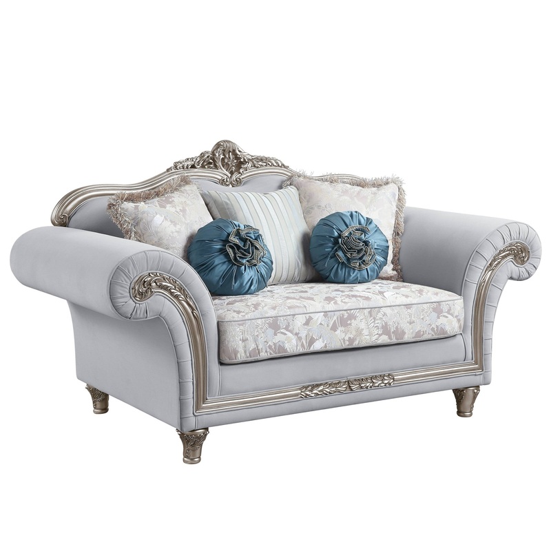 76" Light Gray And Platinum Linen Love Seat And Toss Pillows By Homeroots