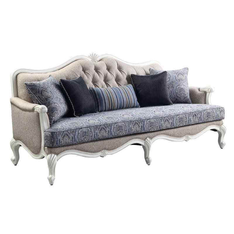 88" Fabric Linen And White Sofa With Five Toss Pillows By Homeroots