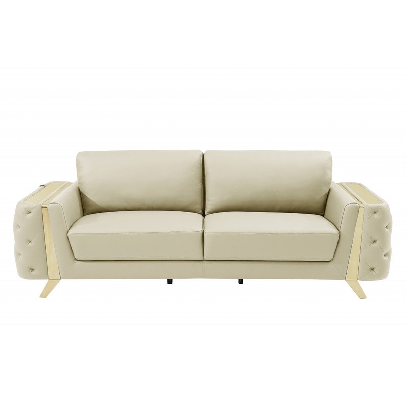 90" Beige Italian Leather And Gold Sofa By Homeroots