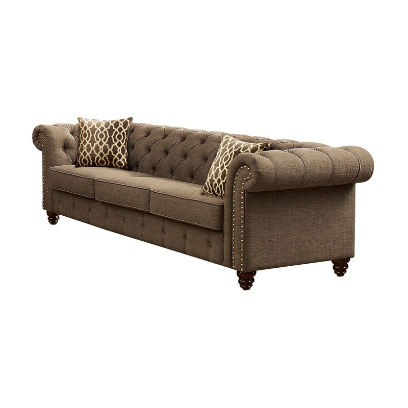 90" Brown Linen And Black Sofa With Two Toss Pillows By Homeroots