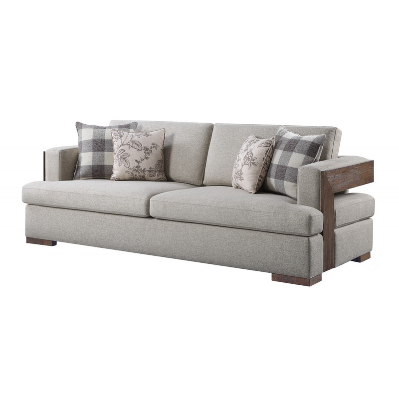 92" Fabric Linen And Brown Sofa With Four Toss Pillows By Homeroots