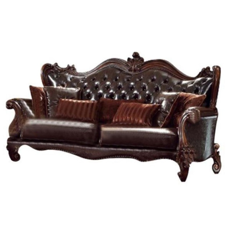 93" Brown Faux Leather And Cherry Blossom Pink Sofa With Seven Toss Pillows By Homeroots