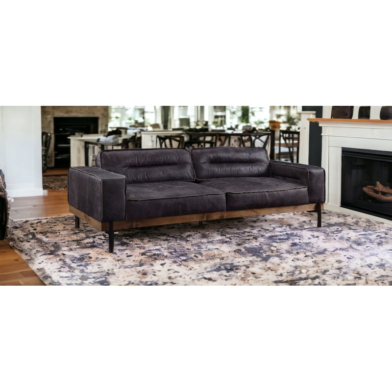 96" Antique Ebony Black Top Grain Leather Sofa By Homeroots