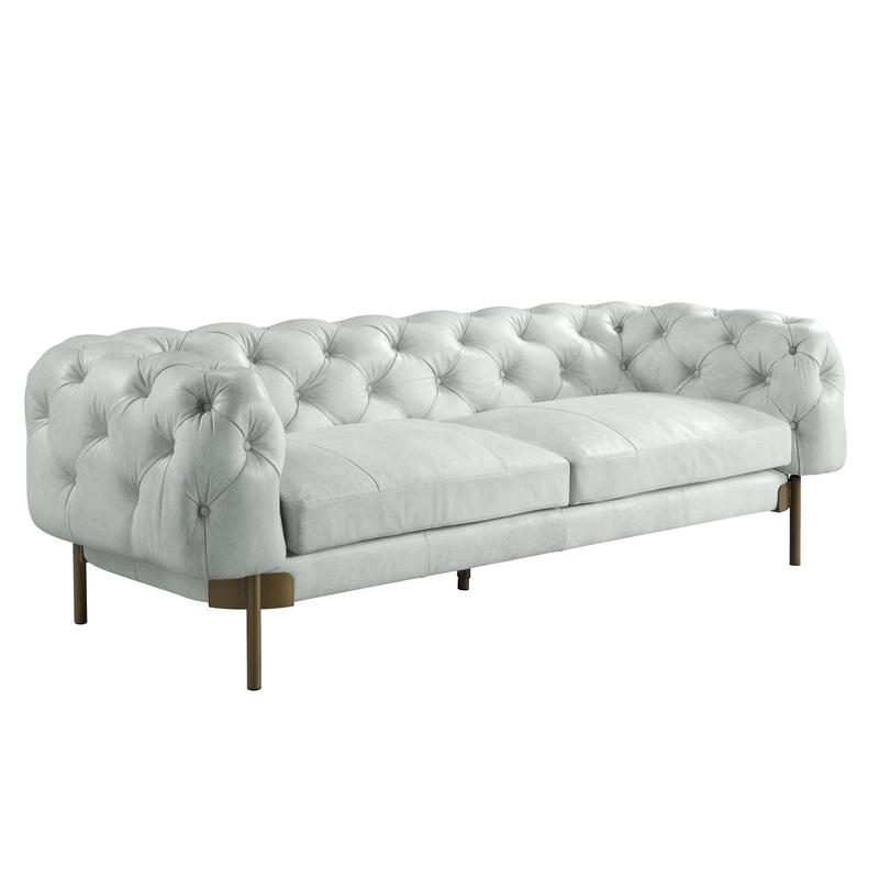 96" Vintage White Top Grain Leather And Gold Sofa By Homeroots