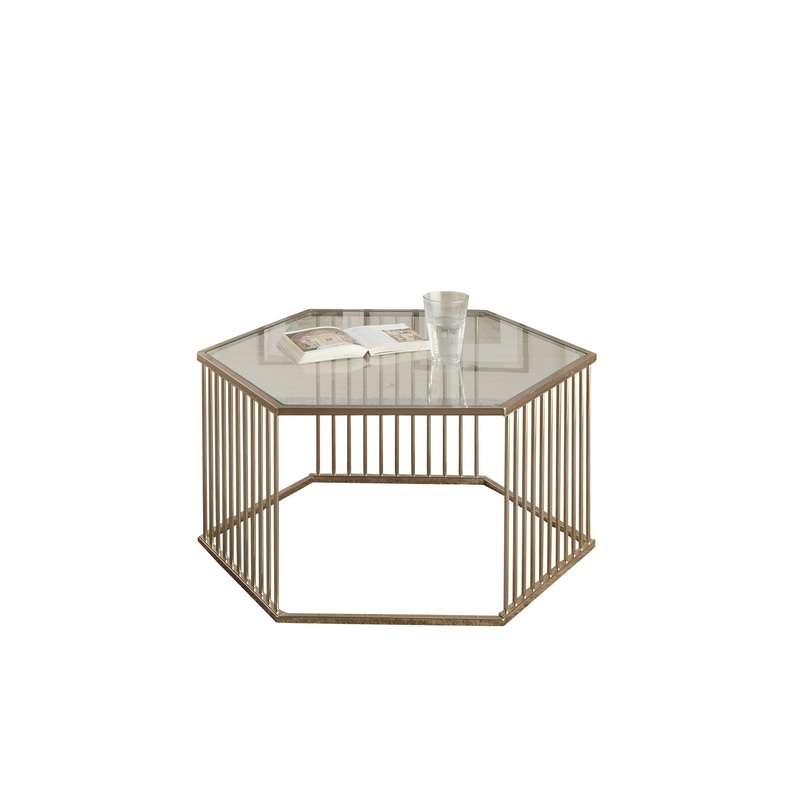 34" Champagne And Clear Glass And Metal Hexagon Coffee Table By Homeroots