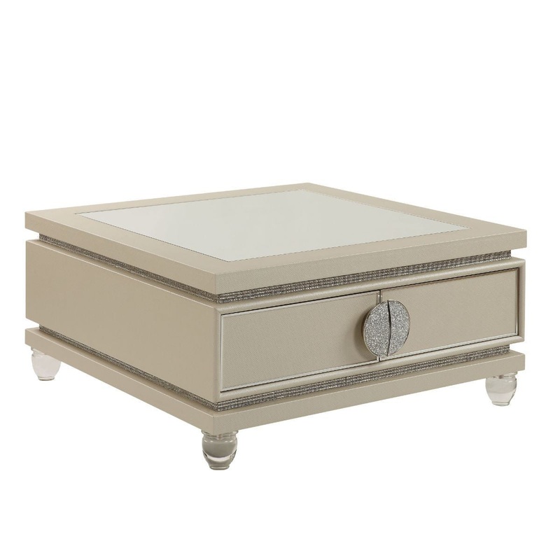 40" Pearlized Bling Faux Diamonds Square Mirrored Coffee Table With Two Drawers By Homeroots