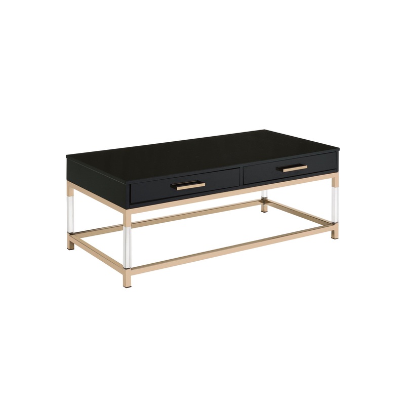 44" Gold And Black High Gloss Manufactured Wood And Metal Rectangular Coffee Table With Two Drawers By Homeroots