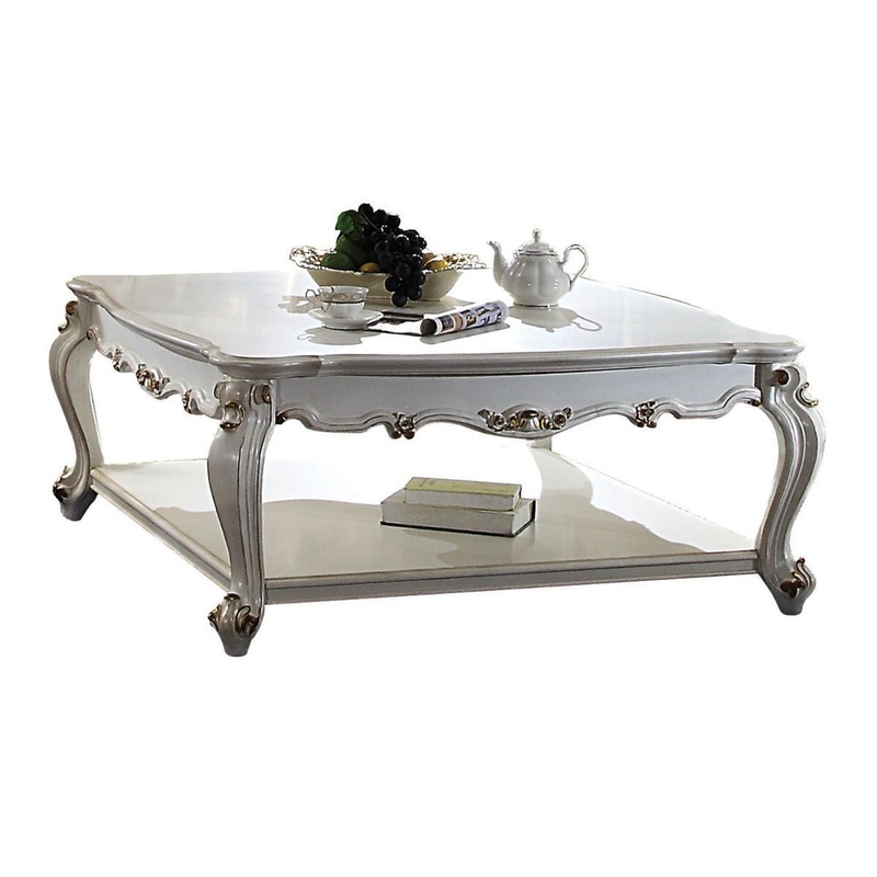 47" Antique Pearl Solid Wood And Polyresin Rectangular Coffee Table With Shelf By Homeroots