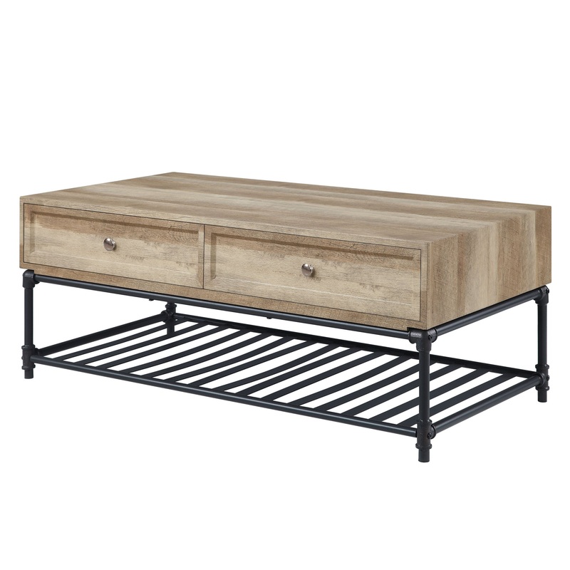 47" Sandy Black And Oak Paper Veneer And Metal Rectangular Coffee Table With Two Drawers And Shelf By Homeroots