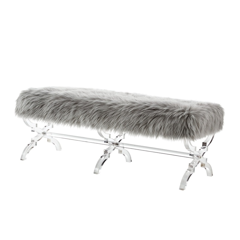 48" Gray And Clear Upholstered Faux Fur Bench By Homeroots