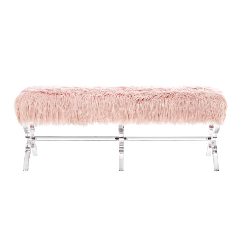 48" Rose And Clear Upholstered Faux Fur Bench By Homeroots