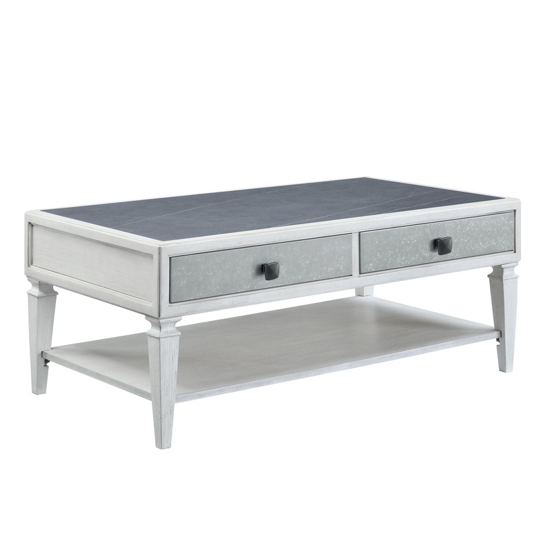 50" Weathered White And Rustic Gray Sintered Stone And Manufactured Wood Rectangular Coffee Table With Two Drawers And Shelf By Homeroots