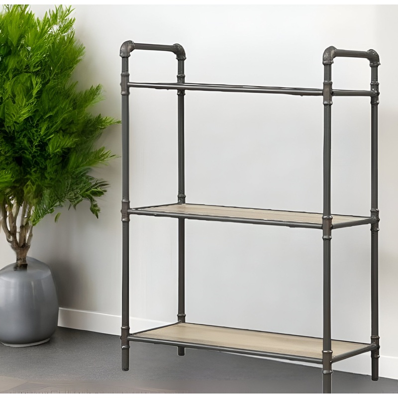Antique Oak and Sandy Gray Metal Three Tier Standard Bookcase By Homeroots