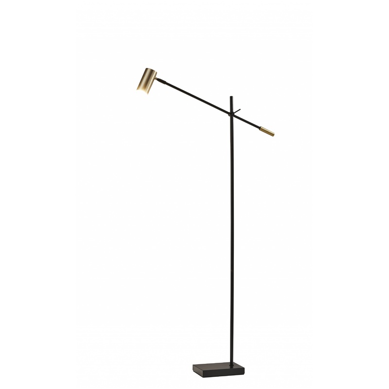 Black And Gold Adjustable LED Task Floor Lamp With Antiqued Brass Metal Cylinder Shade By Homeroots