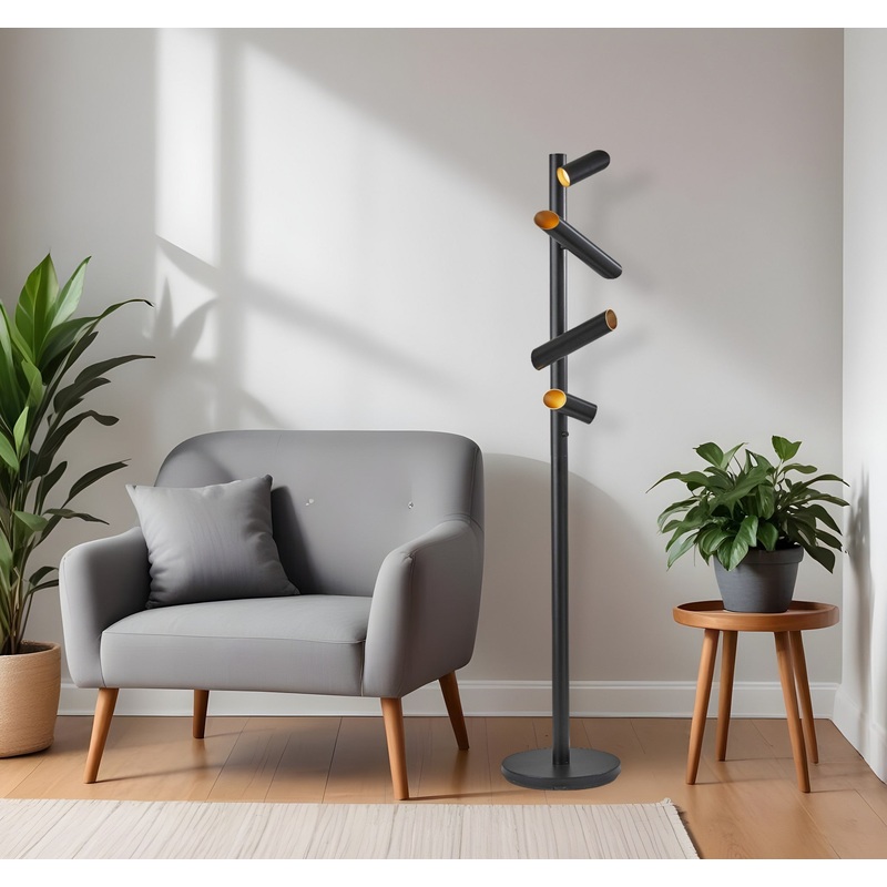 Black LED Tree Floor Lamp With Four Black Metal Cylinder Shades By Homeroots