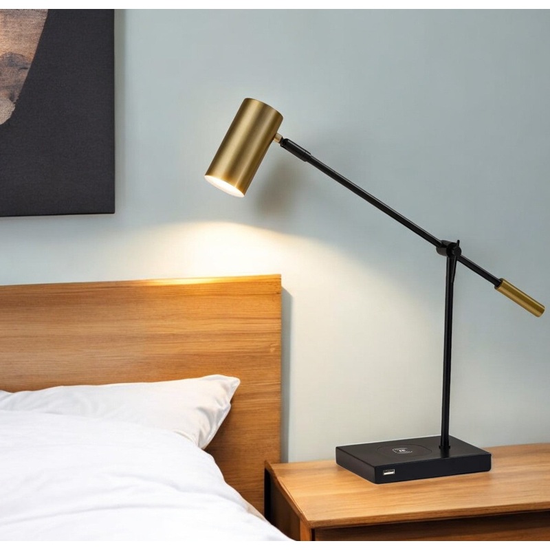 Black Metal Swing Arm LED Desk Lamp With USB And Antiqued Gold Cylinder Shade By Homeroots