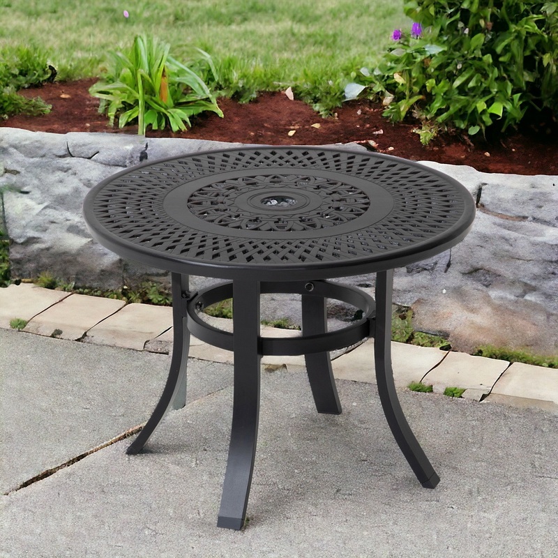 Black Rounded Metal Outdoor Bistro Table With Umbrella Hole By Homeroots