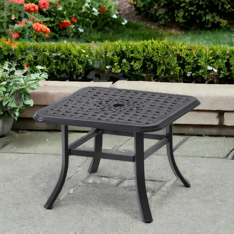 Black Square Metal Outdoor Bistro Table With Umbrella Hole By Homeroots