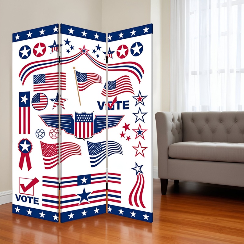 Blue and White Canvas Folding Three Panel Screen Room Divider By Homeroots