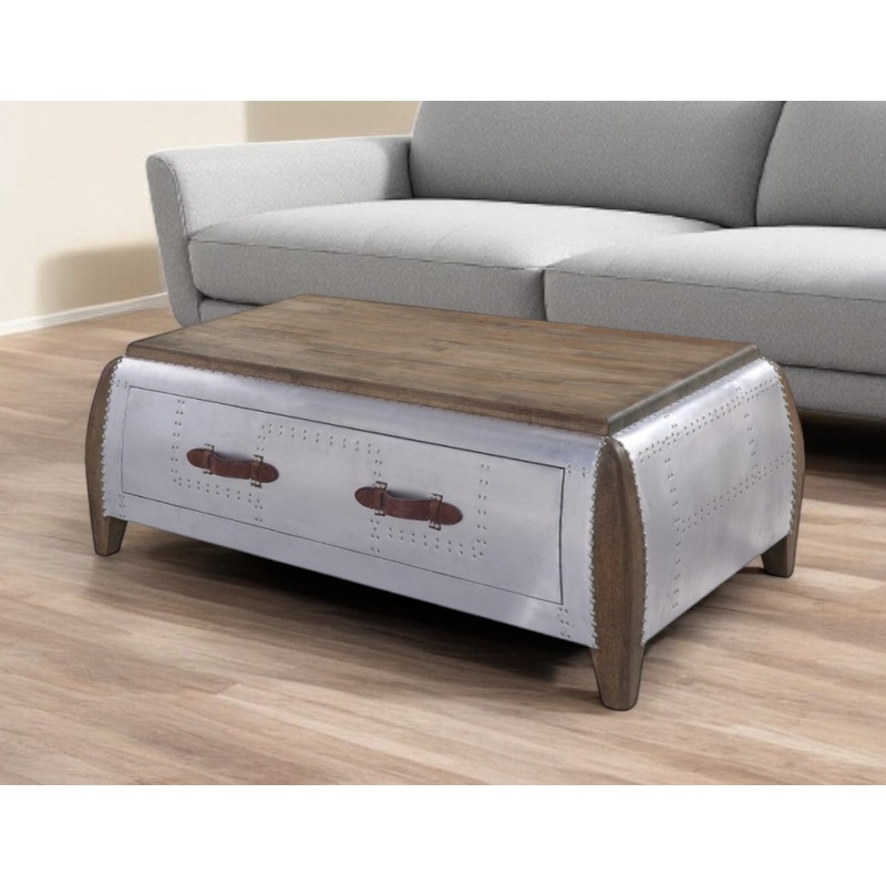 Brown and Gray Solid Wood And Aluminum Solid Coffee Table With Drawer By Homeroots